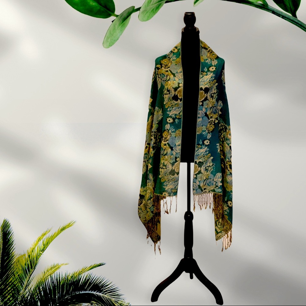 Green Floral Scarf with Tassels